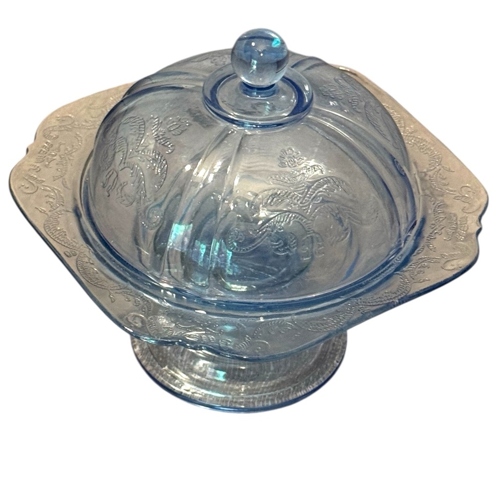 Elegant Blue Depression Glass Serving Dish with lid butter candy